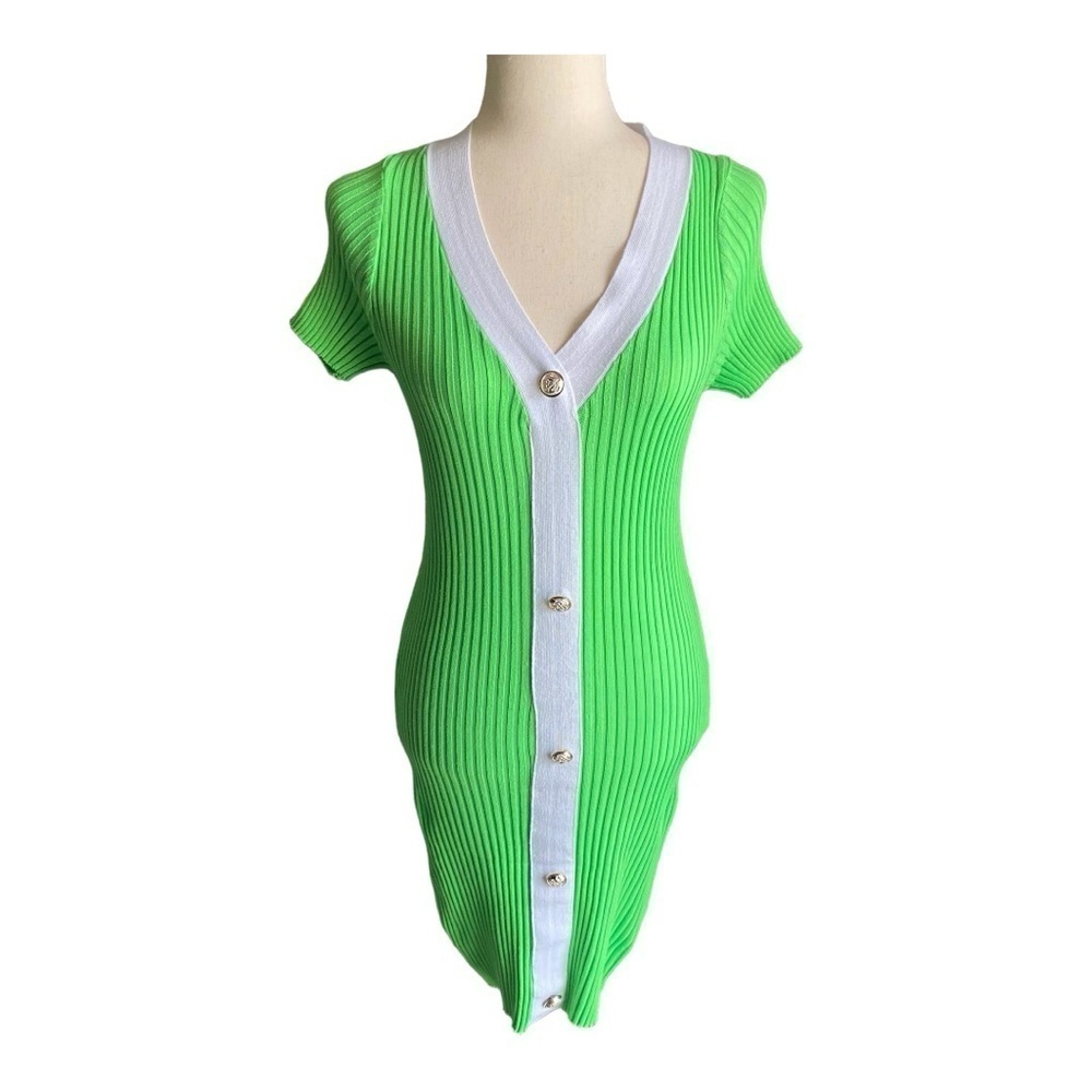 BOUTIQUE-GREEN AND WHITE RIBBED FITTED DRESS-SIZE SMALL